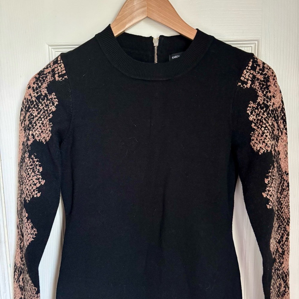 Karen Millen Black Long Sleeve Short Sheath Dress Zipper Snake Pattern Small
